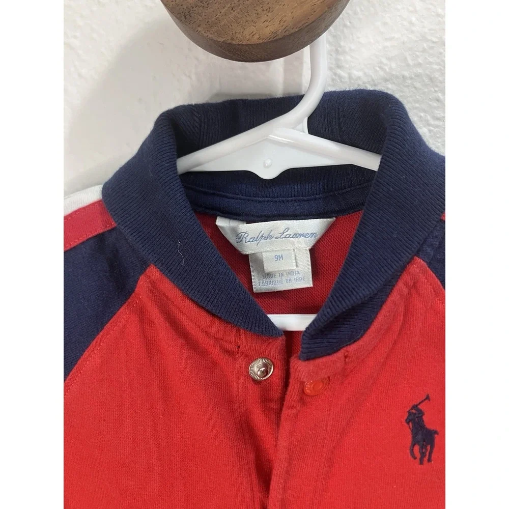 Ralph Lauren 9M Baby Boy Shawl-Collar Cotton Coverall Bodysuit Red Blue Pony